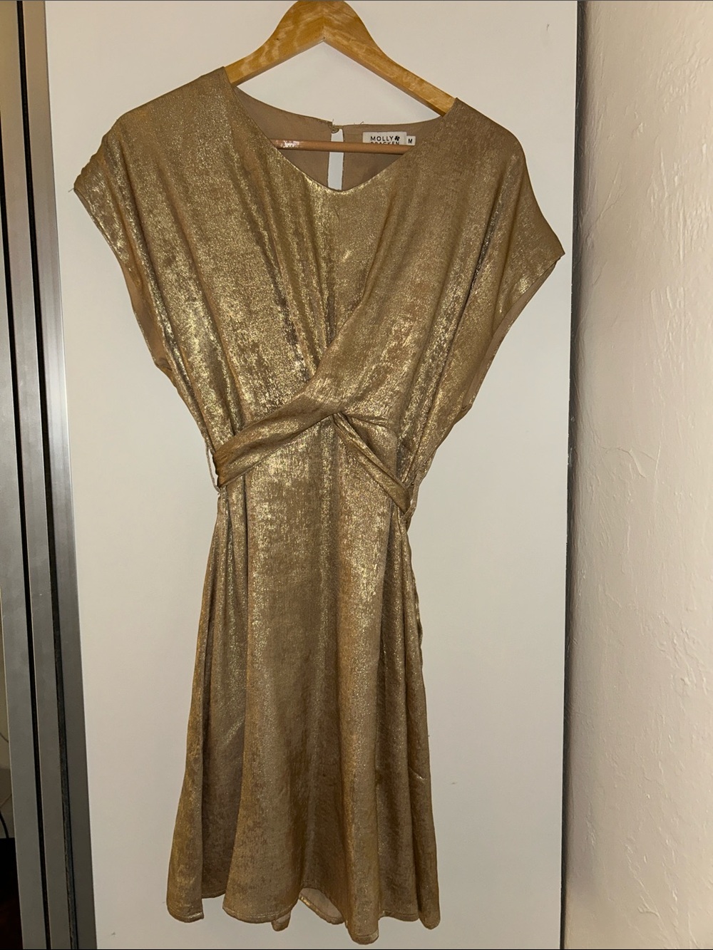 Molly Bracken Metallic Gold Twist-Waist Midi Dress